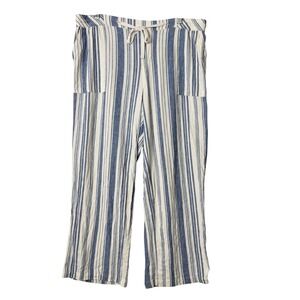 Land n Sea Linen Blend Pants Womens 1XL Blue White Stripe Crop Coastal Beach